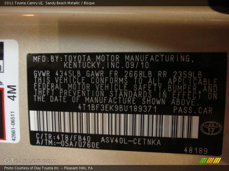 2011 Camry LE Sandy Beach Metallic Color Code 4T8