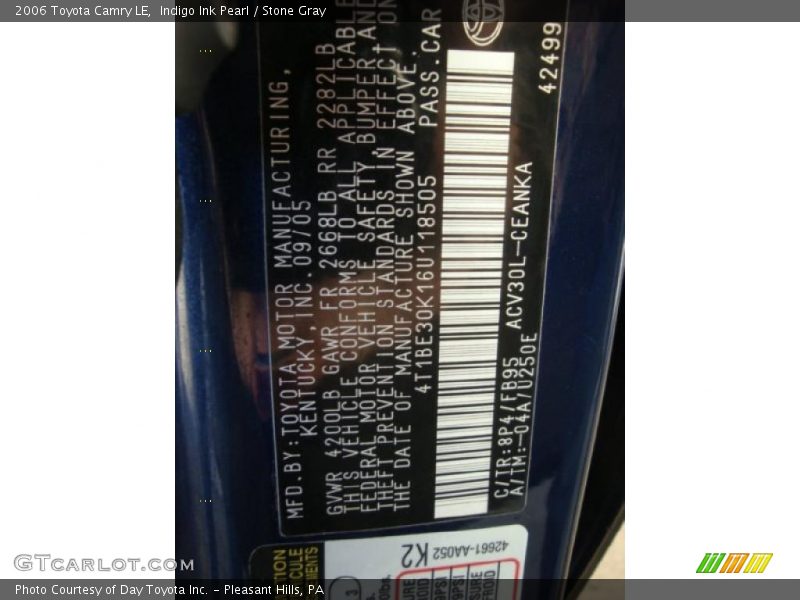 2006 Camry LE Indigo Ink Pearl Color Code 8P4