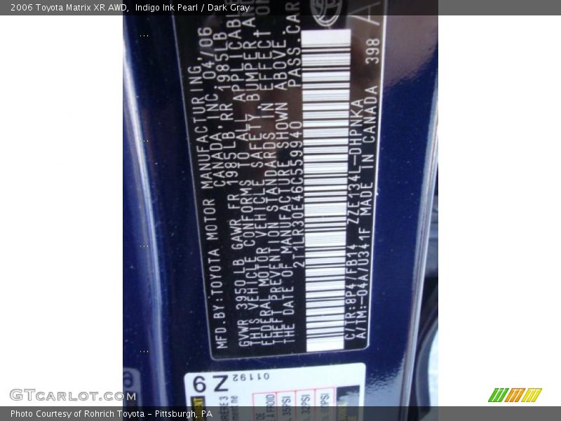 2006 Matrix XR AWD Indigo Ink Pearl Color Code 8P4