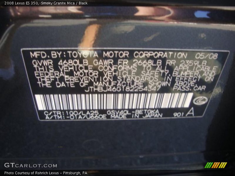 2008 ES 350 Smoky Granite Mica Color Code 1G0