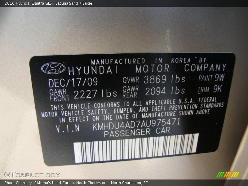 2010 Elantra GLS Laguna Sand Color Code 9W