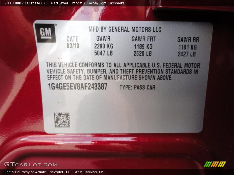 Red Jewel Tintcoat / Cocoa/Light Cashmere 2010 Buick LaCrosse CXS