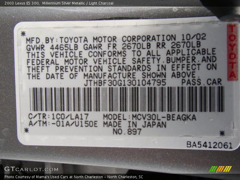 2003 ES 300 Millennium Silver Metallic Color Code 1C0