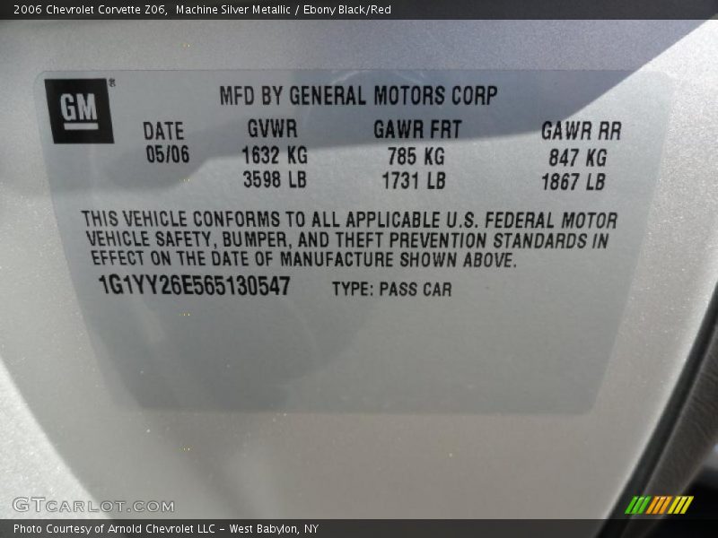 Info Tag of 2006 Corvette Z06