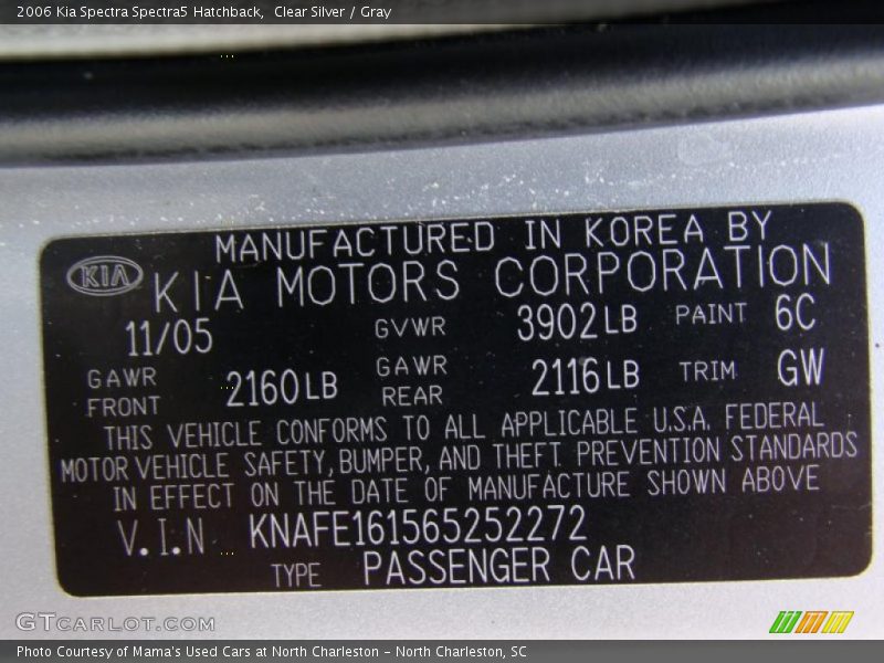 Clear Silver / Gray 2006 Kia Spectra Spectra5 Hatchback