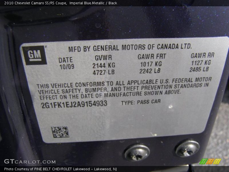 Imperial Blue Metallic / Black 2010 Chevrolet Camaro SS/RS Coupe