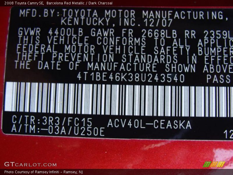 2008 Camry SE Barcelona Red Metallic Color Code 3R3
