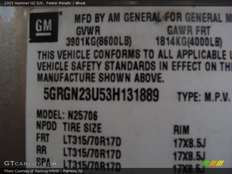 Info Tag of 2003 H2 SUV