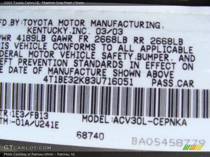 Phantom Gray Pearl / Stone 2003 Toyota Camry LE