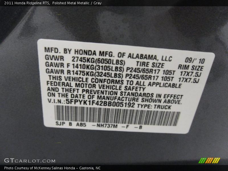 2011 Ridgeline RTS Polished Metal Metallic Color Code NH737M