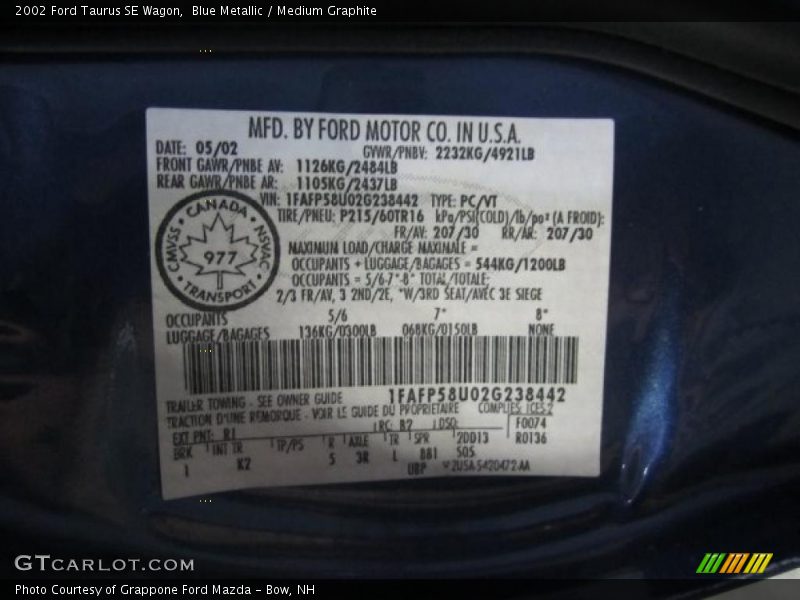 2002 Taurus SE Wagon Blue Metallic Color Code R1