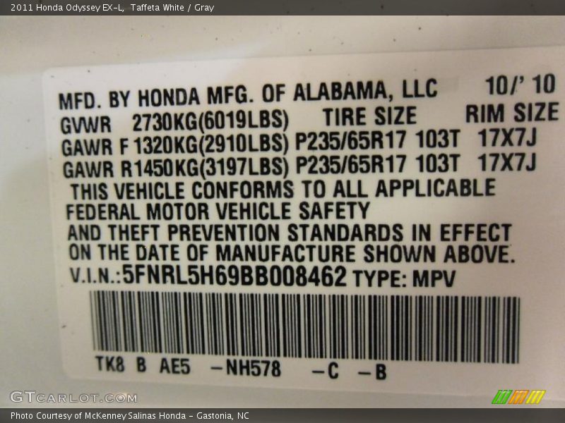 2011 Odyssey EX-L Taffeta White Color Code NH578