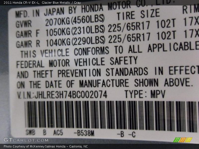 2011 CR-V EX-L Glacier Blue Metallic Color Code B538M