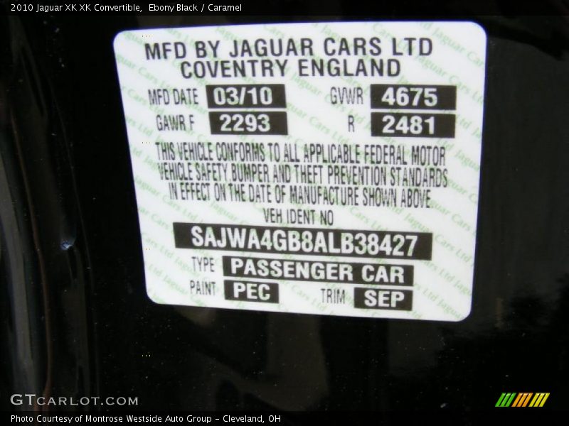 2010 XK XK Convertible Ebony Black Color Code PEC