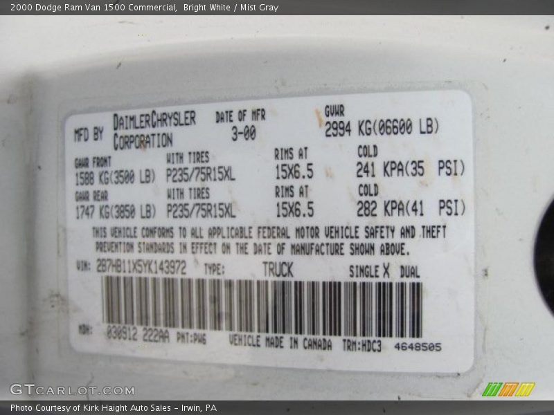 2000 Ram Van 1500 Commercial Bright White Color Code PW6