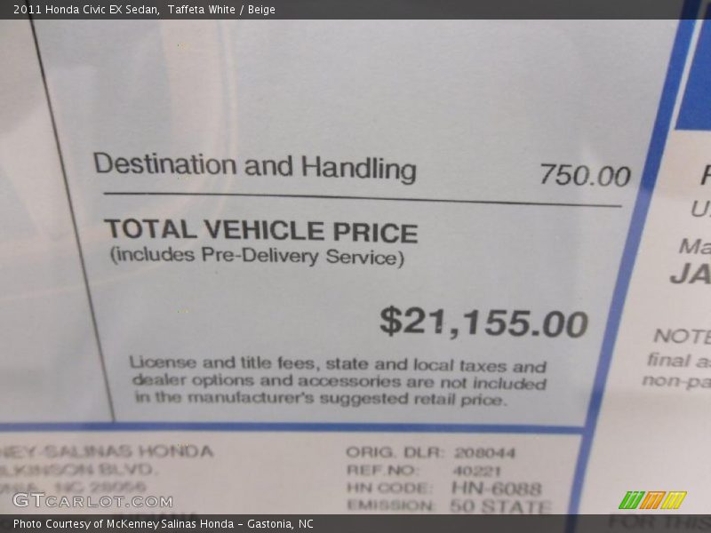 Taffeta White / Beige 2011 Honda Civic EX Sedan