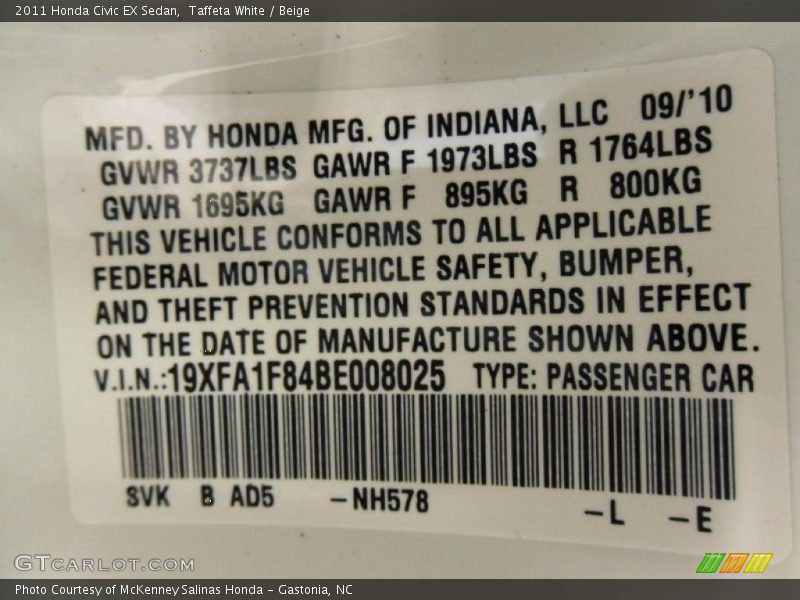 2011 Civic EX Sedan Taffeta White Color Code NH578