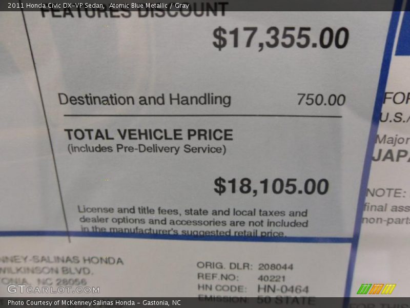 Atomic Blue Metallic / Gray 2011 Honda Civic DX-VP Sedan