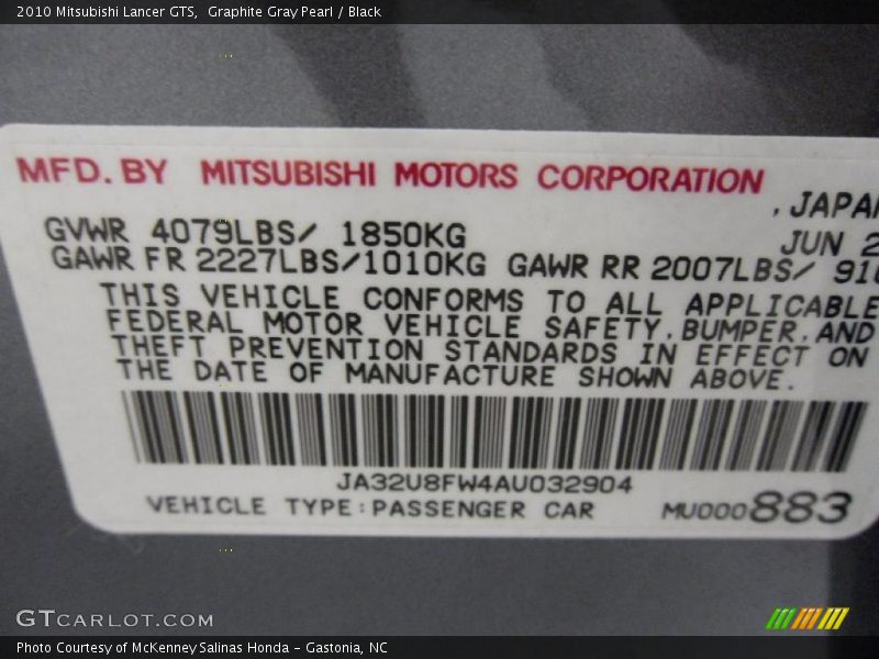 Info Tag of 2010 Lancer GTS