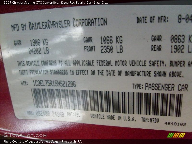 2005 Sebring GTC Convertible Deep Red Pearl Color Code PEL