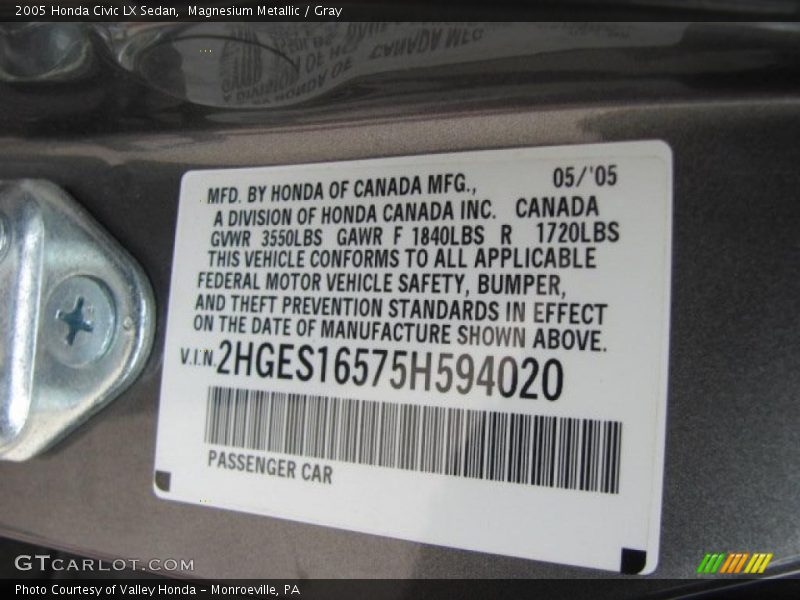 Magnesium Metallic / Gray 2005 Honda Civic LX Sedan