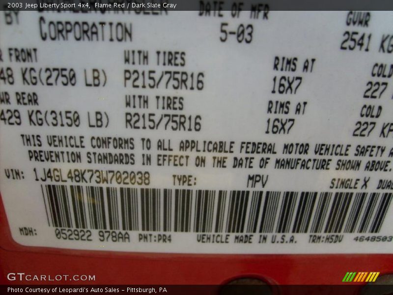 2003 Liberty Sport 4x4 Flame Red Color Code PR4