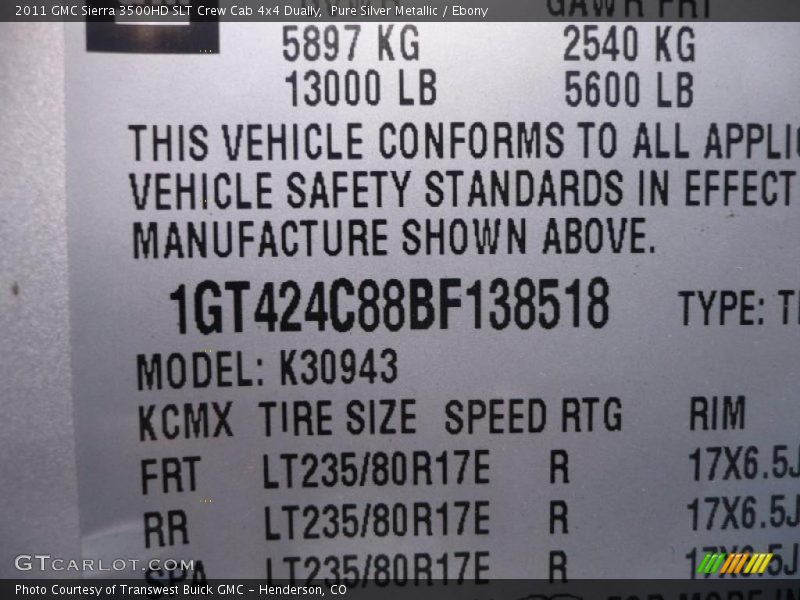 Info Tag of 2011 Sierra 3500HD SLT Crew Cab 4x4 Dually