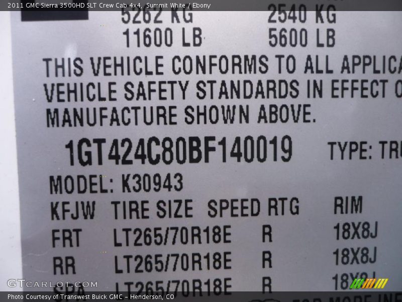 Info Tag of 2011 Sierra 3500HD SLT Crew Cab 4x4