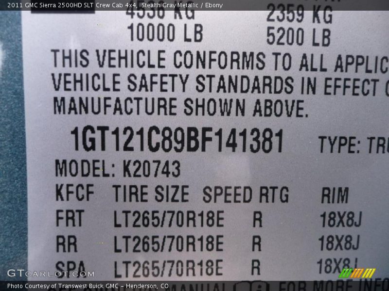 Info Tag of 2011 Sierra 2500HD SLT Crew Cab 4x4