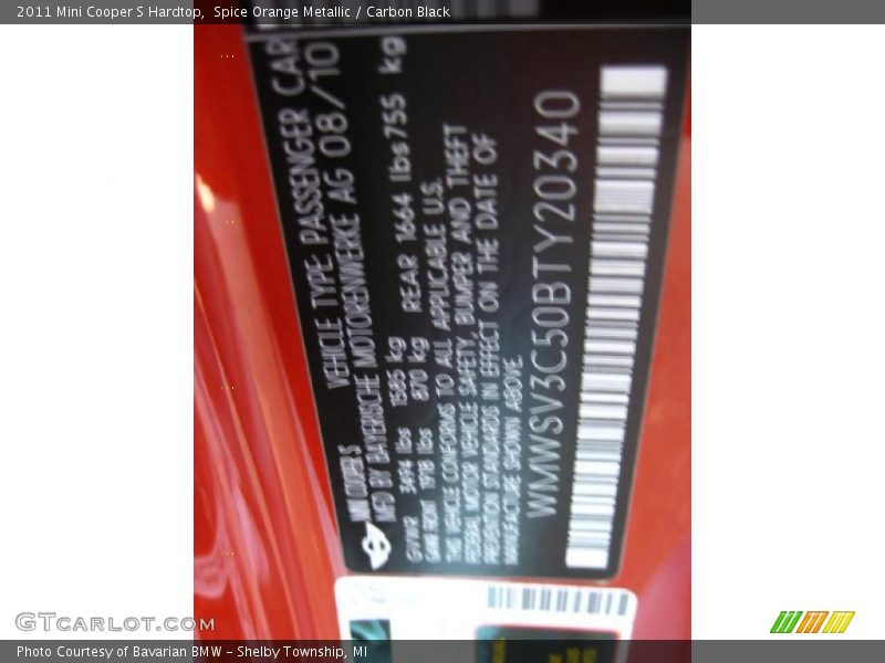 Spice Orange Metallic / Carbon Black 2011 Mini Cooper S Hardtop
