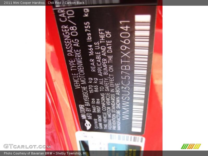 Chili Red / Carbon Black 2011 Mini Cooper Hardtop