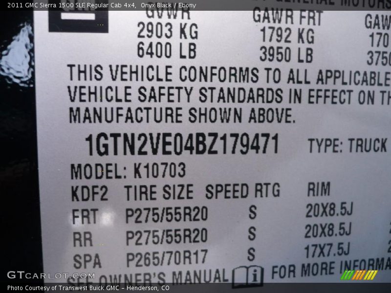Info Tag of 2011 Sierra 1500 SLE Regular Cab 4x4