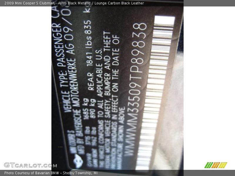 Info Tag of 2009 Cooper S Clubman