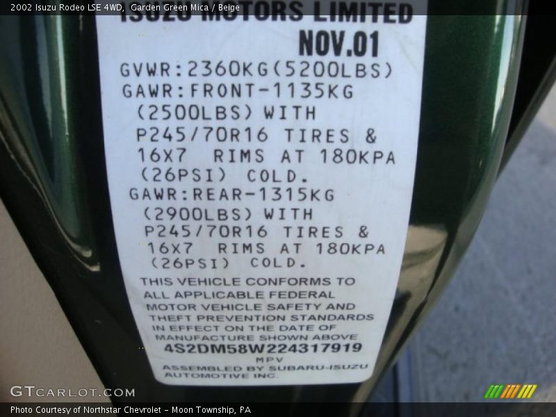 Garden Green Mica / Beige 2002 Isuzu Rodeo LSE 4WD