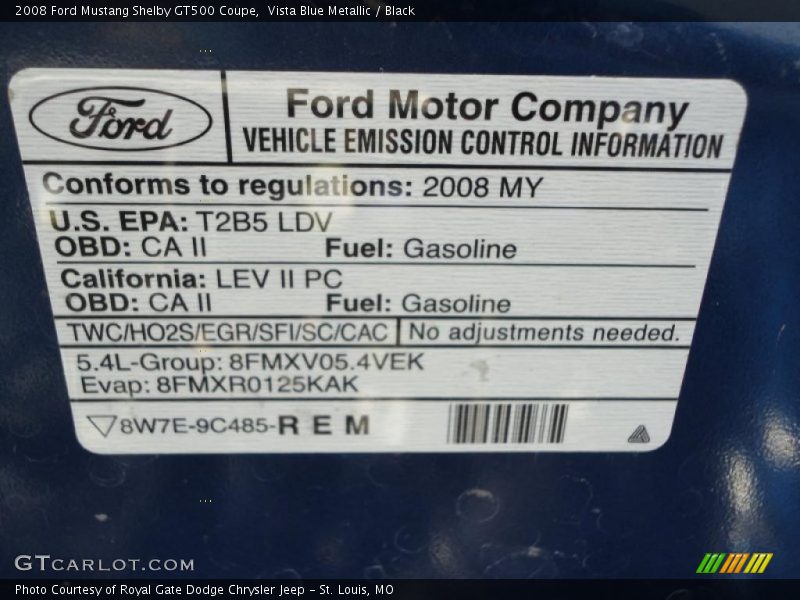 Info Tag of 2008 Mustang Shelby GT500 Coupe