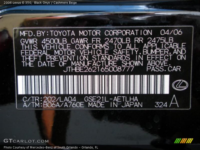 Black Onyx / Cashmere Beige 2006 Lexus IS 350