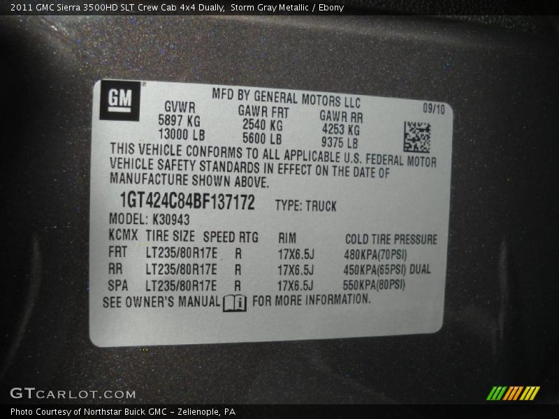 Info Tag of 2011 Sierra 3500HD SLT Crew Cab 4x4 Dually