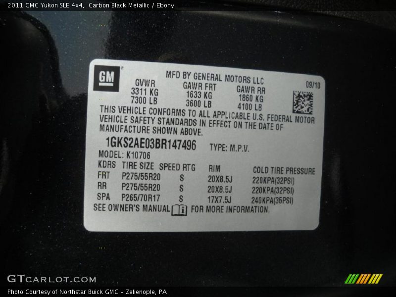 Info Tag of 2011 Yukon SLE 4x4