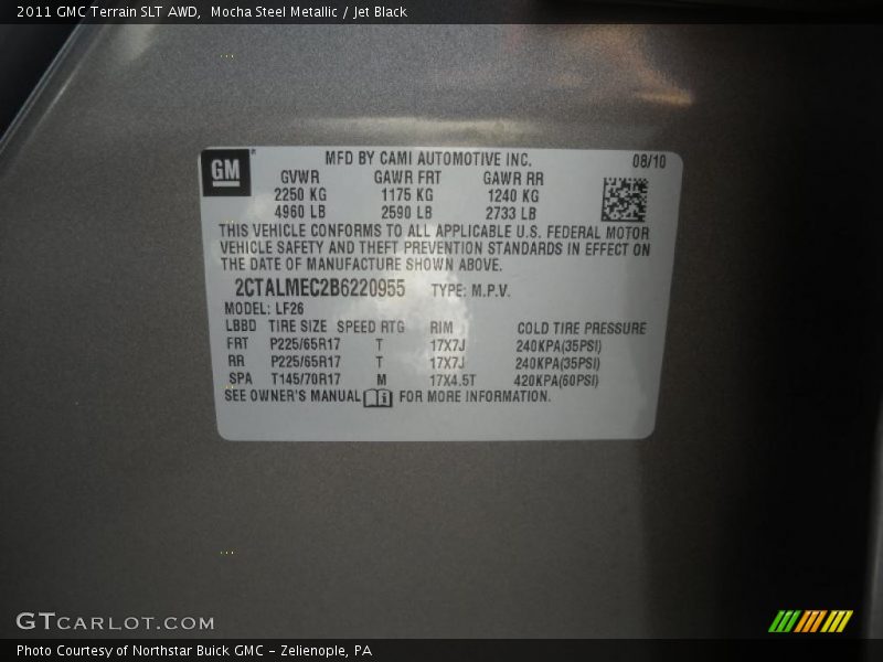 Info Tag of 2011 Terrain SLT AWD