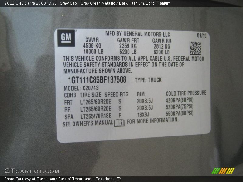 Info Tag of 2011 Sierra 2500HD SLT Crew Cab