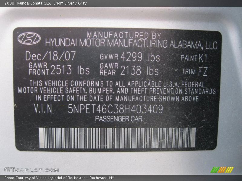 Bright Silver / Gray 2008 Hyundai Sonata GLS
