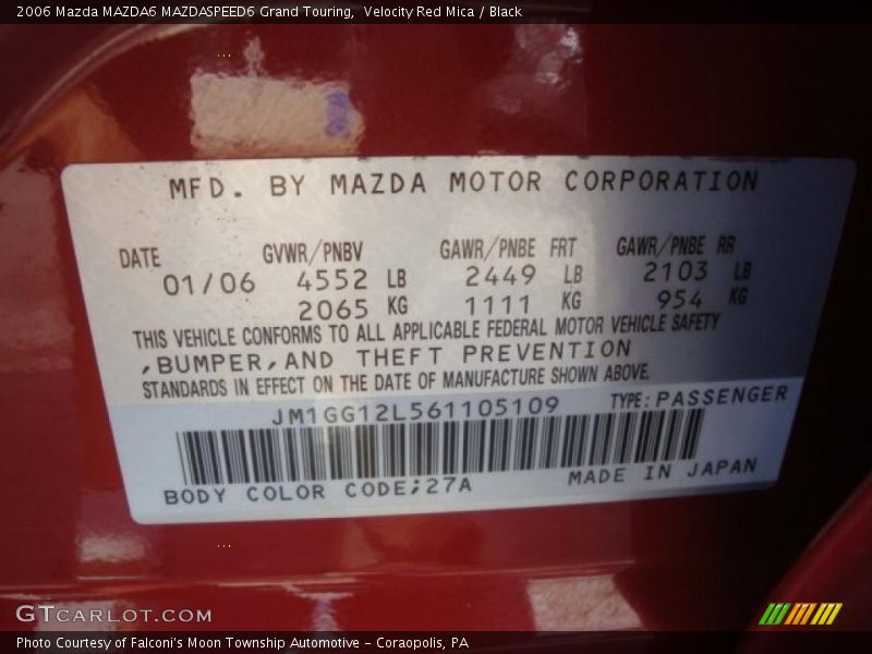 2006 MAZDA6 MAZDASPEED6 Grand Touring Velocity Red Mica Color Code 27A