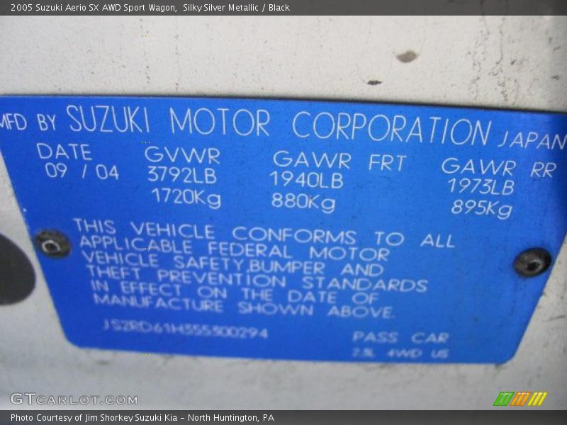 Info Tag of 2005 Aerio SX AWD Sport Wagon