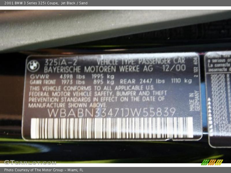 Info Tag of 2001 3 Series 325i Coupe