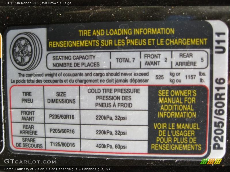 Info Tag of 2010 Rondo LX