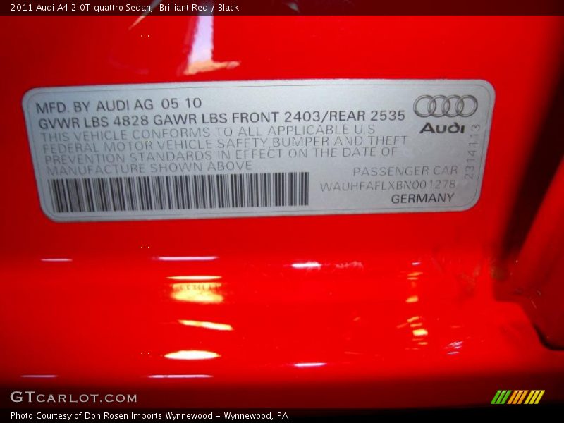 Info Tag of 2011 A4 2.0T quattro Sedan