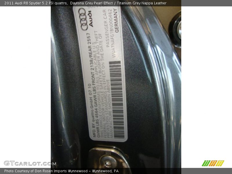 Info Tag of 2011 R8 Spyder 5.2 FSI quattro
