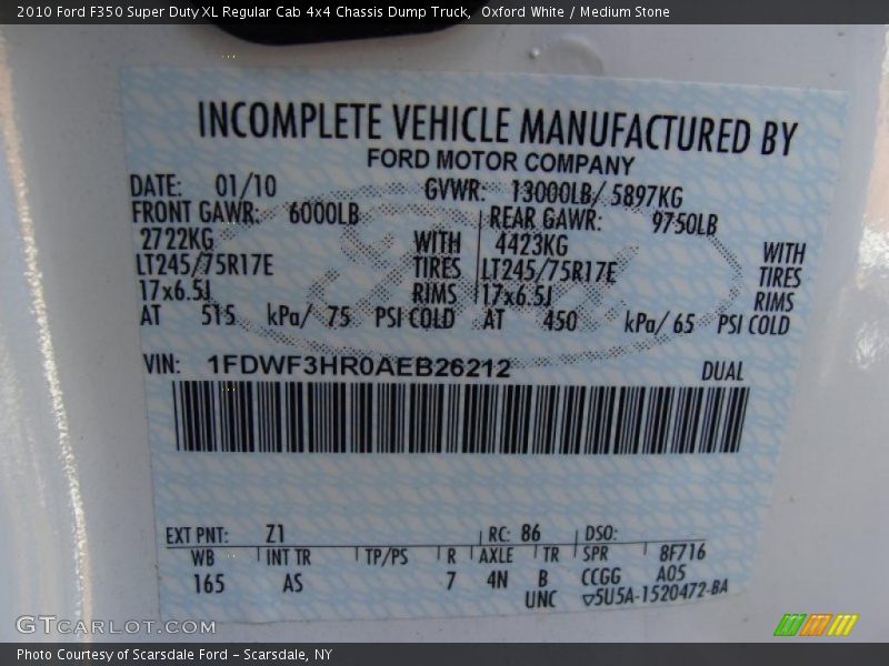 2010 F350 Super Duty XL Regular Cab 4x4 Chassis Dump Truck Oxford White Color Code Z1