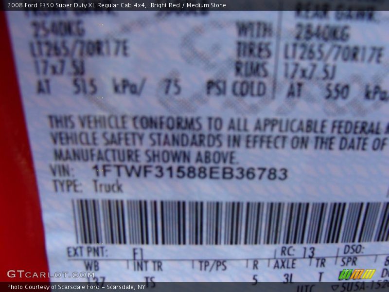 2008 F350 Super Duty XL Regular Cab 4x4 Bright Red Color Code F1