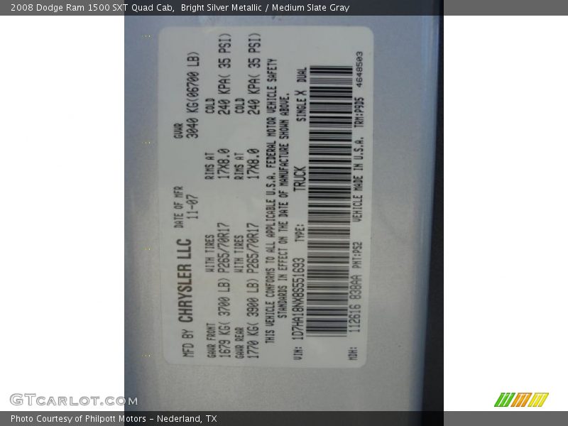 2008 Ram 1500 SXT Quad Cab Bright Silver Metallic Color Code PS2